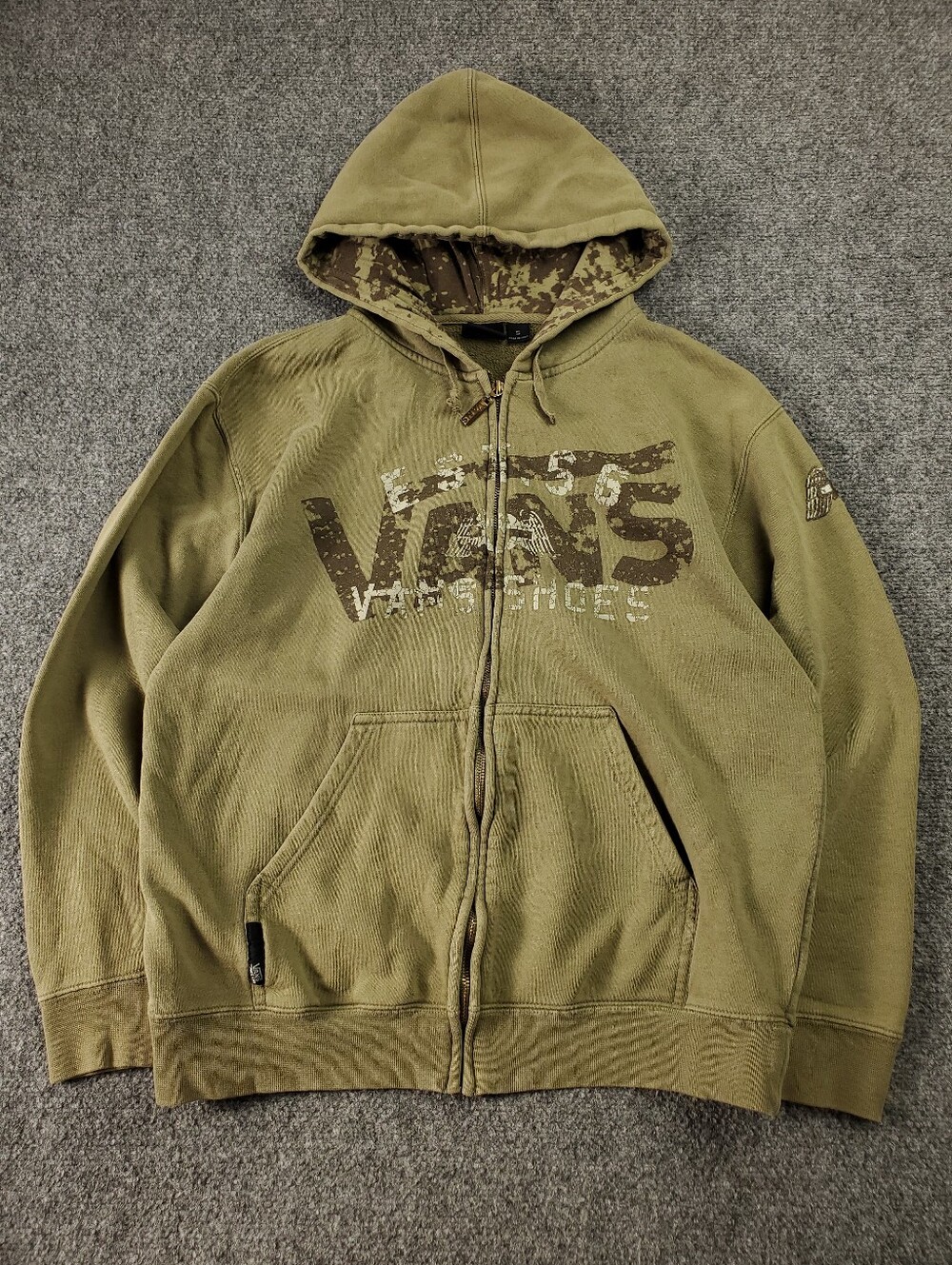 Vintage Y2K Vans Full Zip Hoodie Small Camo Lined Hood Distressed Grunge Olive